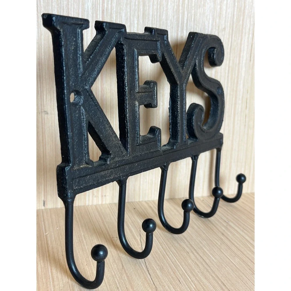 Vintage Cast Iron Wall Mounted Key Rack 5 Hook Entryway Organizer Black Rustic